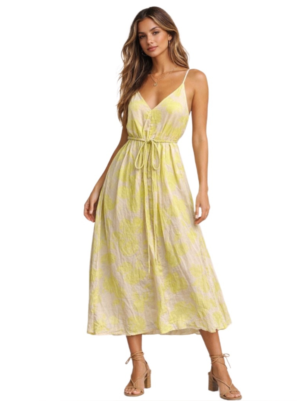 GAP Neon Yellow Floral Midi/ Maxi Dress, Convertible Tie Waist Cotton Dress 🌼